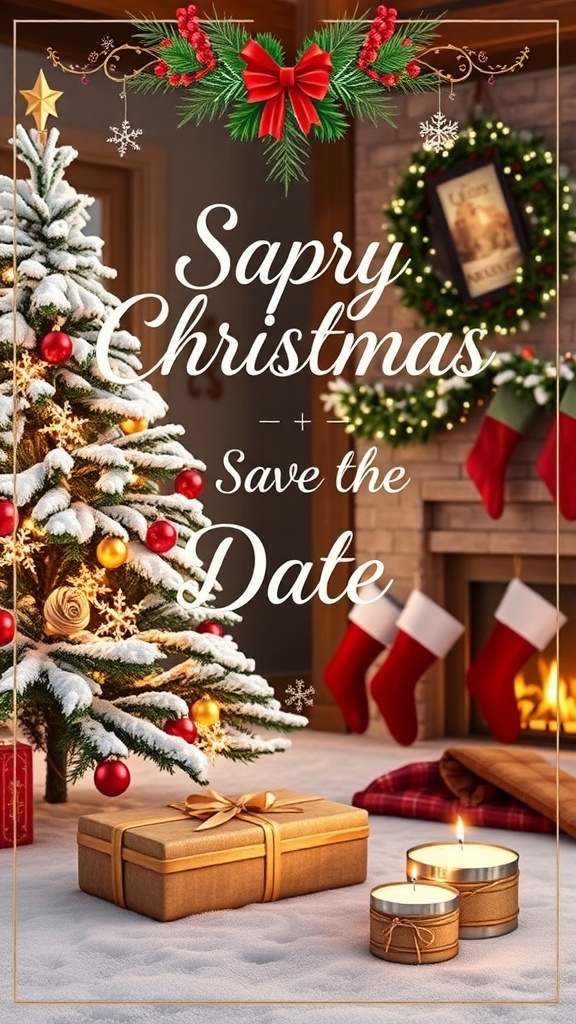 Christmas Card Save the Date Design A festive Christmas card save the date with a snowy scene and decorated tree.